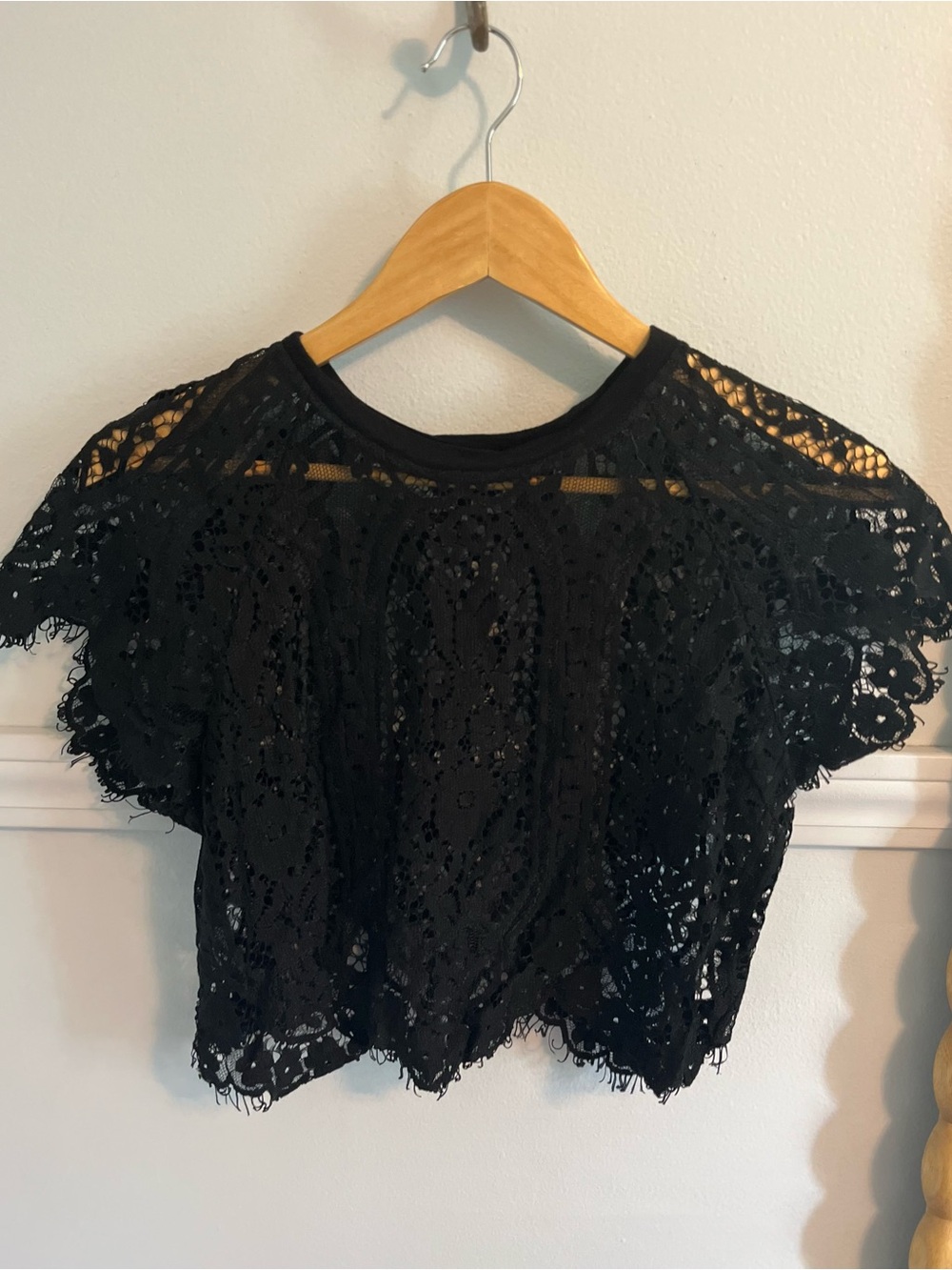 Free People Black Crochet Lace Short Sleeve Top
